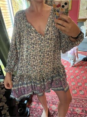 Spell Boho Floral Tiered Mini Dress in White, Blue & Purple